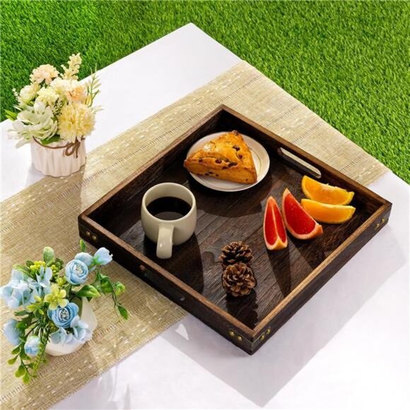 Wood serving tray with handles square decorative coffee table ottoman kitchen tr - Picture 2 of 7